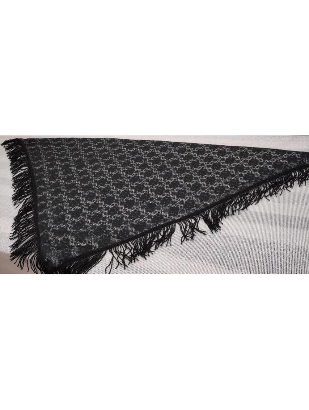 Vintage Black Lace Shawl with Victorian Fringe Trim Hand Sewn POLYESTER ACETATE